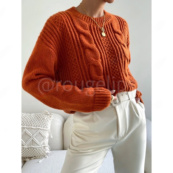 Rust Brown Cable Knit Sweater Pullover - Picture 5 of 7